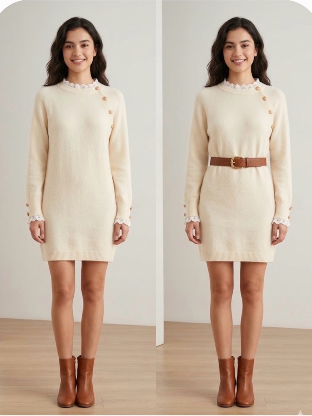 Cream Knit Sweater Dress with Lace Trim